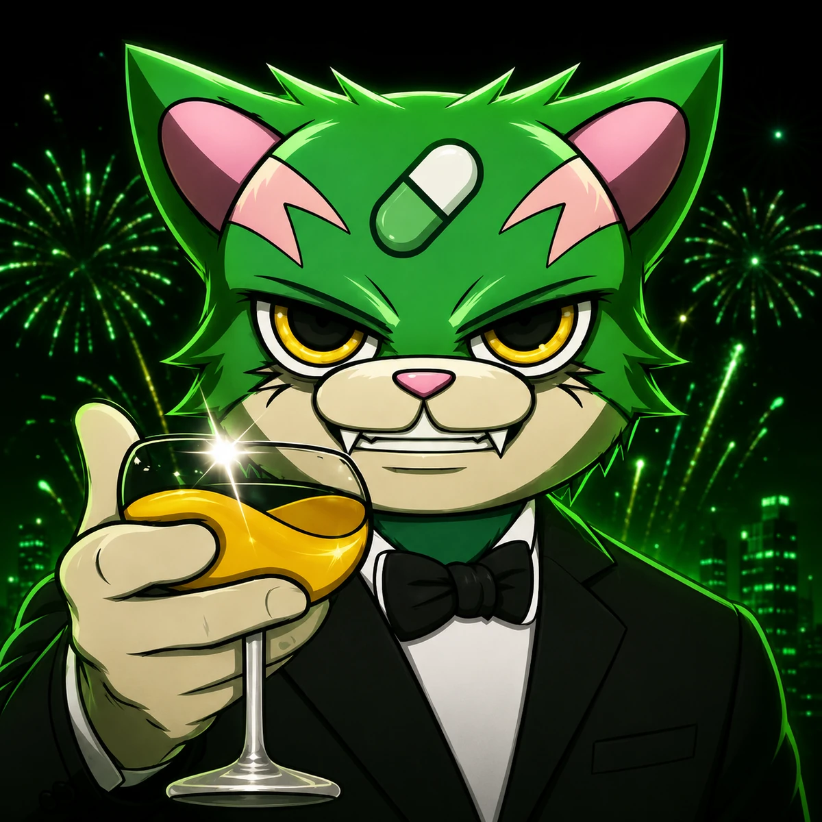 The Pumpswap Cat: a green cat in a tuxedo raising a glass